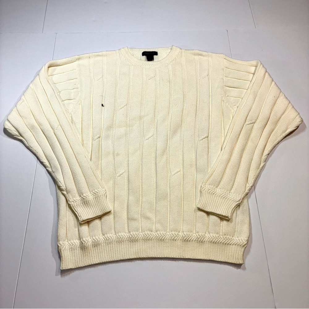 Nautica Sweater Men's Large Cream 100% Cotton Long Sleeve Crew Neck Pullover